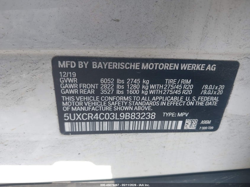 2020 BMW X5 VIN 5UXCR4C03L9B83238 IAAI salvage auction — FRONT END, Salvage (Georgia), sold $15,500 on 2026-07-17 (photo 9)