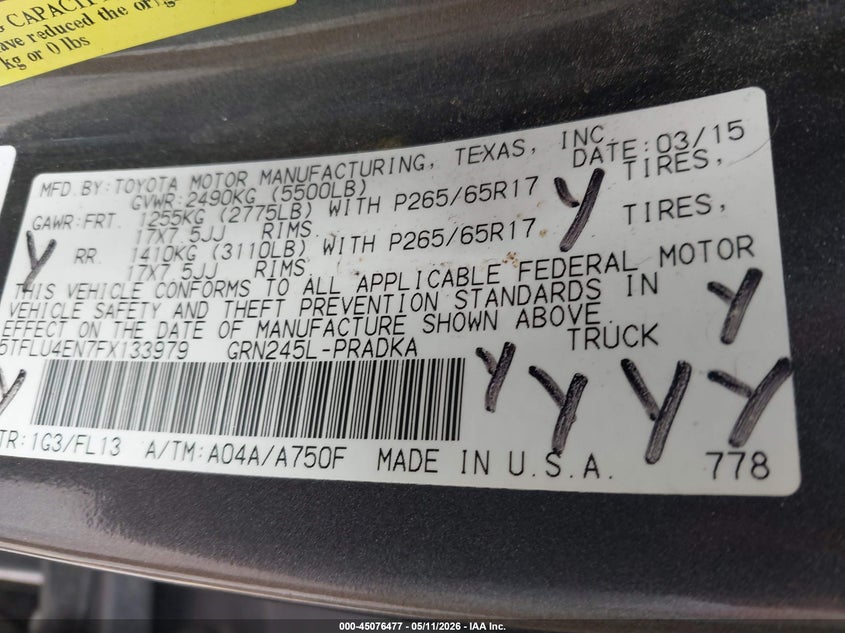 2015 Toyota Tacoma VIN 5TFLU4EN7FX133979 IAAI salvage auction — FRONT END, Salvage Title, sold $7,700 on 2026-07-31 (photo 9)