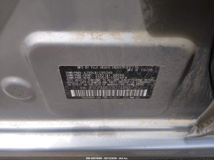 2016 Subaru Impreza VIN JF1GPAA60G8274450 IAAI salvage auction — FRONT END, Salvage (New Hampshire), sold $275 on 2026-07-22 (photo 9)