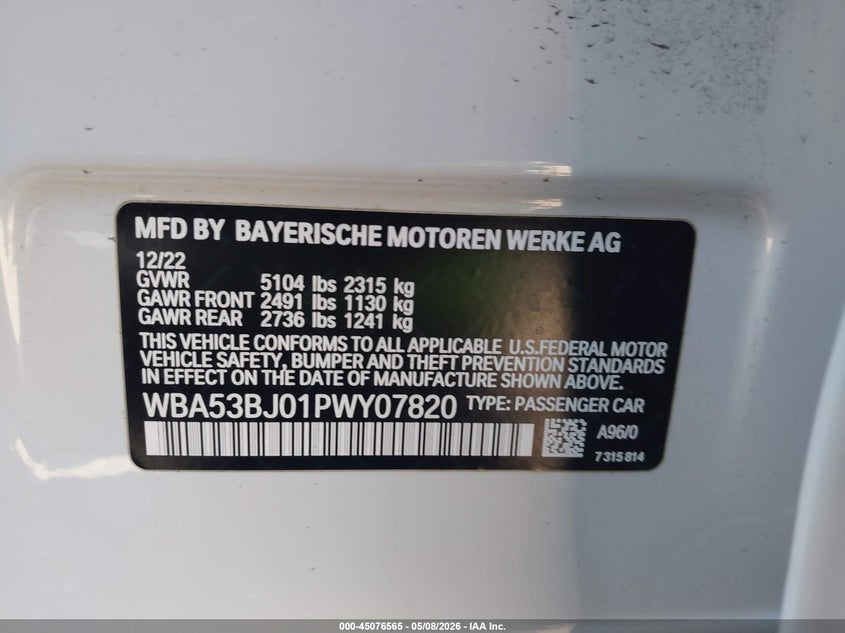 2023 BMW VIN WBA53BJ01PWY07820 IAAI salvage auction — FRONT END, Salvage (California), sold $25,350 on 2026-08-03 (photo 9)