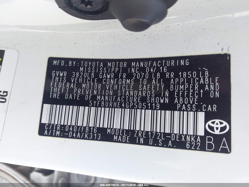2016 Toyota Corolla VIN 5YFBURHE4GP505119 IAAI salvage auction — LEFT SIDE, Salvage (Georgia), sold $2,450 on 2026-07-08 (photo 9)