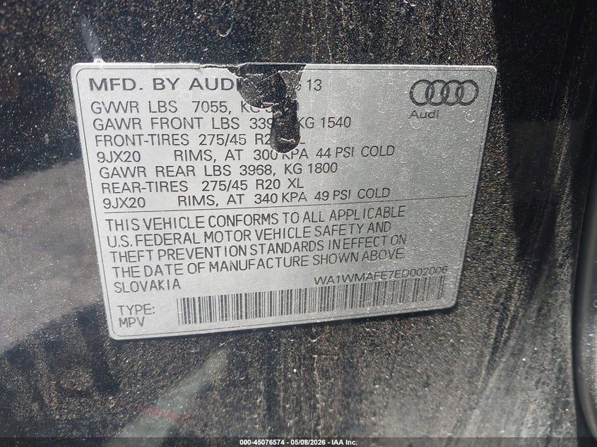 2014 Audi Q7 VIN WA1WMAFE7ED002006 IAAI salvage auction — RIGHT SIDE, Clear (Arkansas), sold $2,450 on 2026-07-22 (photo 9)