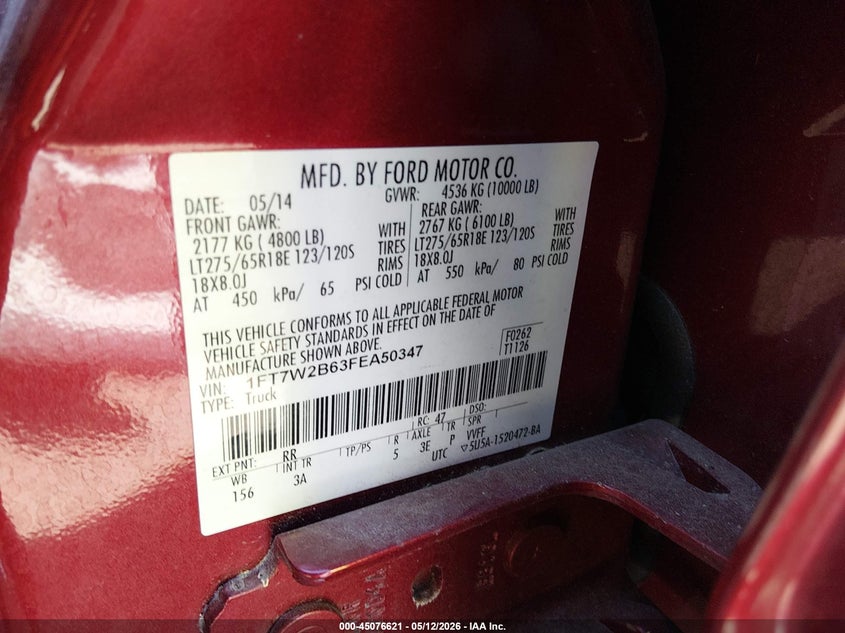 2015 Ford F250 VIN 1FT7W2B63FEA50347 IAAI salvage auction — ENGINE BURN, Salvage (Tennessee), sold $7,600 on 2026-07-09 (photo 9)