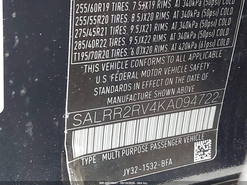 2019 Land rover Discovery VIN SALRR2RV4KA094722 IAAI salvage auction — SIDE, Salvage (New Jersey), sold $8,400 on 2026-07-29 (photo 9)