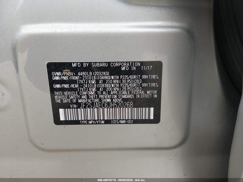 2018 Subaru Forester VIN JF2SJAEC6JH520268 IAAI salvage auction — LEFT SIDE, Salvage (Maine), sold $1,750 on 2026-07-06 (photo 9)