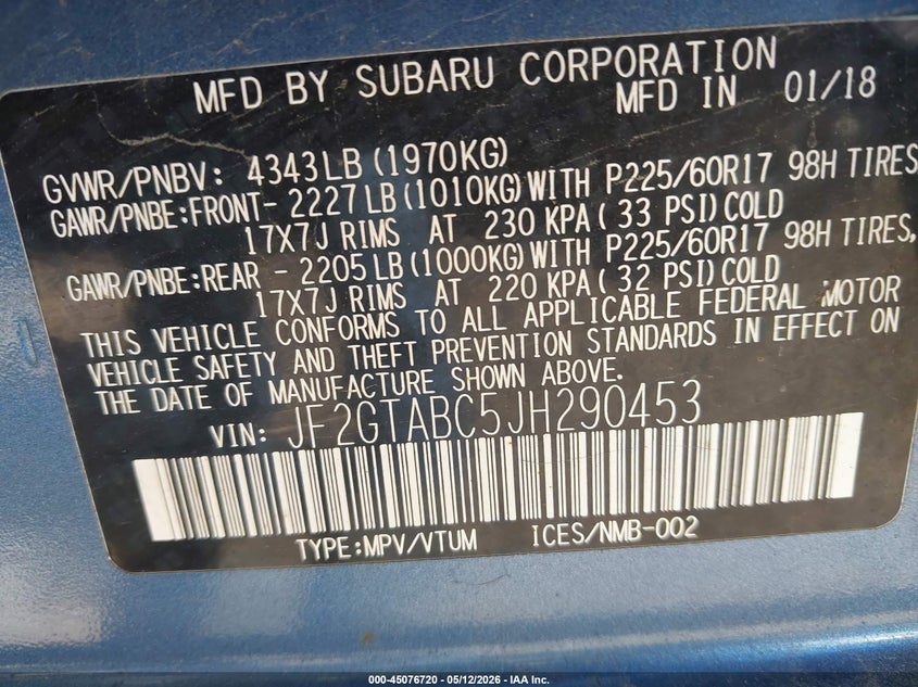 2018 Subaru Xv VIN JF2GTABC5JH290453 IAAI salvage auction — HAIL, Clear (Wisconsin), sold $3,250 on 2026-07-22 (photo 9)