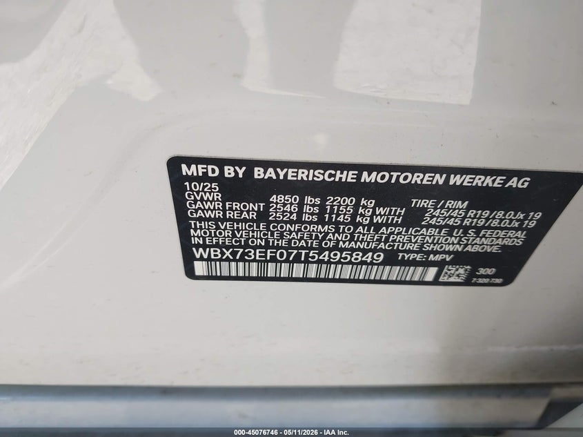 2026 BMW X1 VIN WBX73EF07T5495849 IAAI salvage auction — FRONT END, Clear Claim Paid (Wisconsin), sold $16,300 on 2026-07-28 (photo 9)