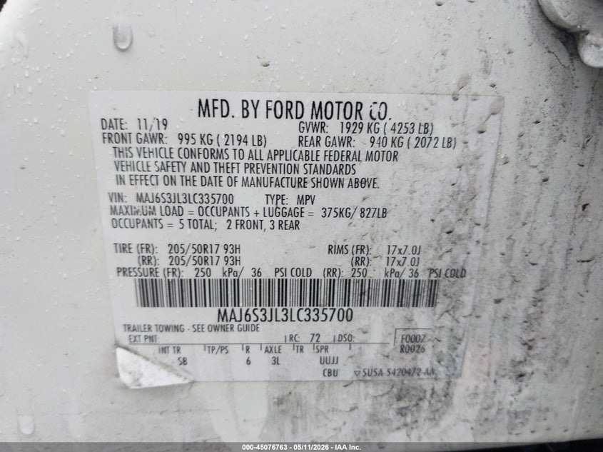 2020 Ford Ecosport VIN MAJ6S3JL3LC335700 IAAI salvage auction — FRONT END, Salvage (Virginia), sold $450 on 2026-07-14 (photo 9)