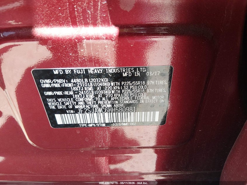 2017 Subaru Forester VIN JF2SJAWC6HH580981 IAAI salvage auction — FRONT END, Salvage (Texas), sold $500 on 2026-07-22 (photo 9)