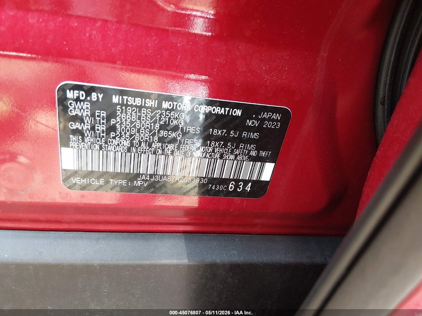 2024 Mitsubishi Outlander VIN JA4J3UA87RZ033930 IAAI salvage auction — RIGHT FRONT, Certificate Of Destruction (Florida), sold $5,100 on 2026-07-30 (photo 9)