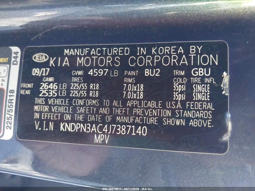 2018 Kia Sportage VIN KNDPN3AC4J7387140 IAAI salvage auction — EXTERIOR BURN, Non-Repairable (Arizona), sold $225 on 2026-07-07 (photo 9)