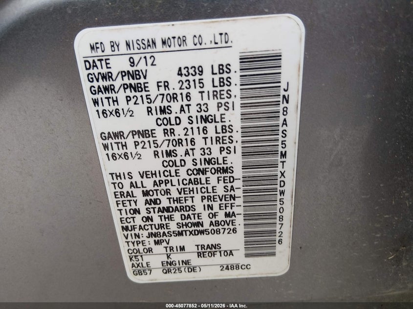 2013 Nissan Rogue VIN JN8AS5MTXDW508726 IAAI salvage auction — NORMAL WEAR, Original (Texas), sold $750 on 2026-07-20 (photo 9)