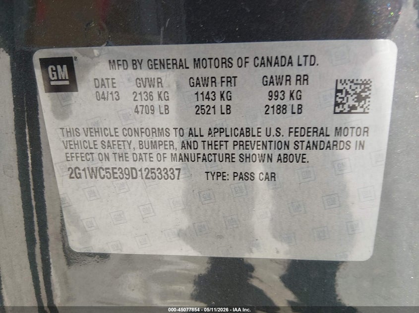 2013 Chevrolet Impala VIN 2G1WC5E39D1253337 IAAI salvage auction — FRONT END, Salvage (California), sold $300 on 2026-07-09 (photo 9)