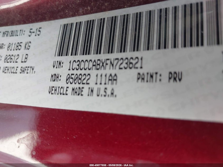 2015 Chrysler 200 VIN 1C3CCCABXFN723621 IAAI salvage auction — FRONT END, Original (Texas), sold $425 on 2026-08-26 (photo 9)