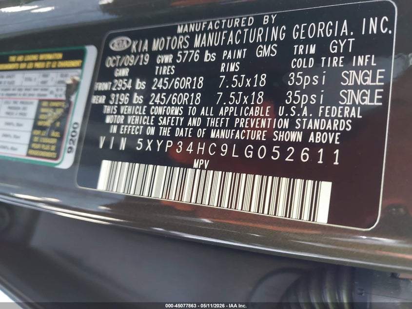 2020 Kia Telluride VIN 5XYP34HC9LG052611 IAAI salvage auction — REAR END, Salvage (Illinois), sold $5,200 on 2026-07-07 (photo 9)