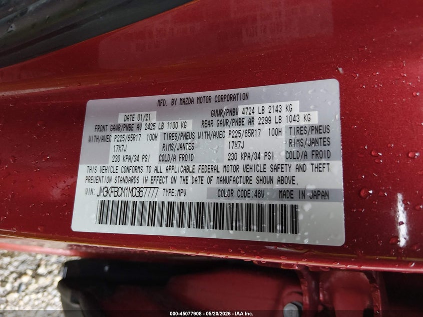 2021 Mazda Cx-5 VIN JM3KFBCM1M0367777 IAAI salvage auction — RIGHT SIDE, Salvage (Indiana), sold $7,000 on 2026-07-29 (photo 9)
