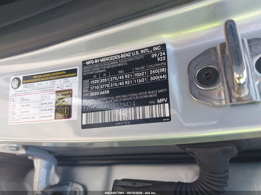 2025 Mercedes-benz VIN 4JGFD5KB5SB313414 IAAI salvage auction — REAR END, Salvage Title, sold $45,850 on 2026-07-20 (photo 9)