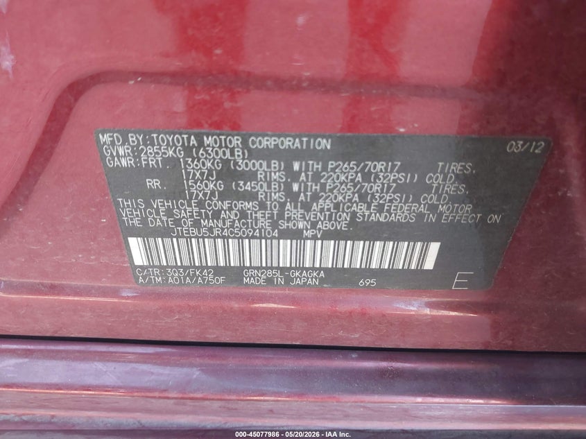 2012 Toyota 4runner VIN JTEBU5JR4C5094104 IAAI salvage auction — FRONT END, Clear (Virginia), sold $5,925 on 2026-07-17 (photo 9)