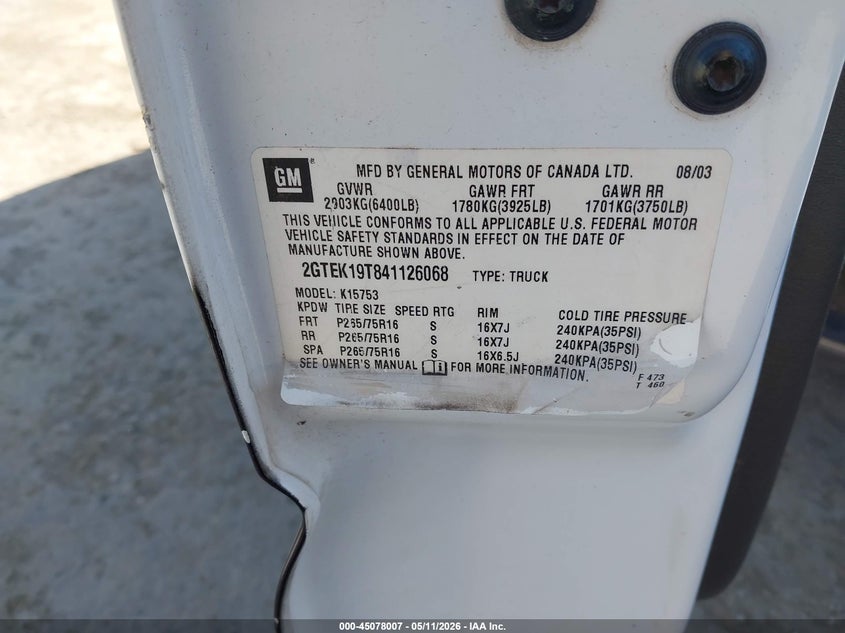 2004 Gmc Sierra 1500 VIN 2GTEK19T841126068 IAAI salvage auction — LEFT REAR, Salvage (California), sold $825 on 2026-07-09 (photo 9)