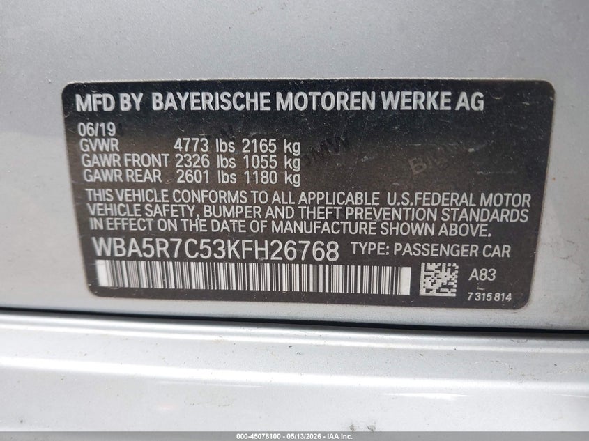 2019 BMW 3er VIN WBA5R7C53KFH26768 IAAI salvage auction — REAR END, Salvage Title, sold $6,600 on 2026-08-01 (photo 9)