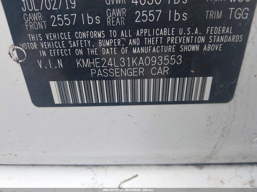 2019 Hyundai Sonata VIN KMHE24L31KA093553 IAAI salvage auction — FRONT END, Mv-907A (New York), sold $650 on 2026-07-28 (photo 9)