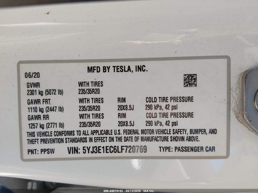 2020 Tesla Model 3 VIN 5YJ3E1EC6LF720769 IAAI salvage auction — LEFT SIDE, Original (Texas), sold $8,800 on 2026-07-28 (photo 9)