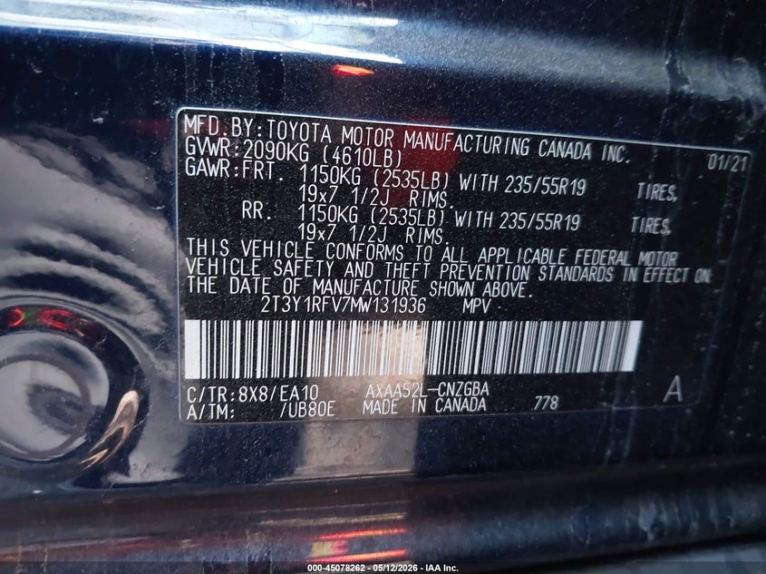 2021 Toyota Rav 4 VIN 2T3Y1RFV7MW131936 IAAI salvage auction — SIDE, Salvage Title, sold $7,900 on 2026-07-31 (photo 9)
