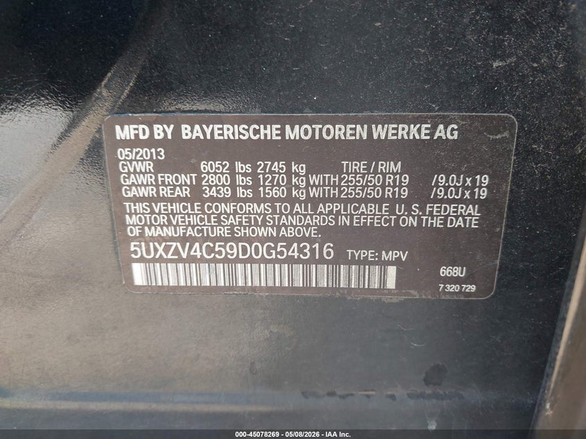2013 BMW X5 VIN 5UXZV4C59D0G54316 IAAI salvage auction — NORMAL WEAR, Clear (Maryland), sold $1,650 on 2026-07-09 (photo 9)
