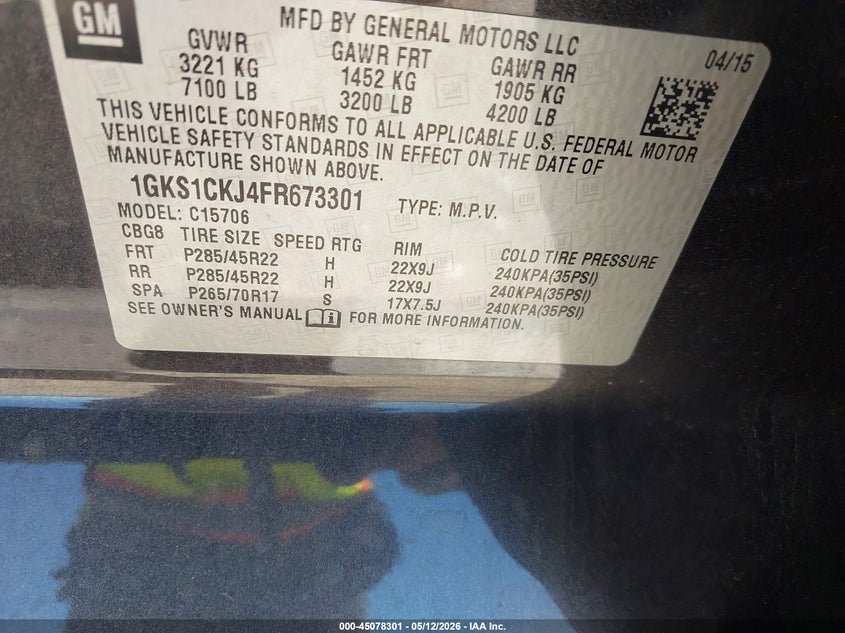 2015 Gmc Yukon VIN 1GKS1CKJ4FR673301 IAAI salvage auction — FRONT END, Salvage (Arkansas), sold $4,000 on 2026-08-31 (photo 9)
