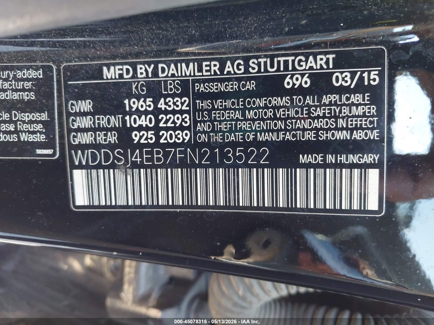 2015 Mercedes-benz Cla-klasse VIN WDDSJ4EB7FN213522 IAAI salvage auction — LEFT SIDE, Original (Texas), sold $675 on 2026-07-28 (photo 9)