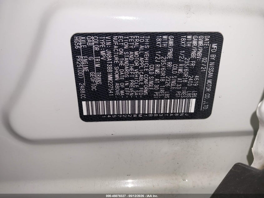 2021 Nissan Rogue VIN JN8AT3BB1MW227541 IAAI salvage auction — REAR END, Salvage Title, sold $25 on 2026-07-31 (photo 9)