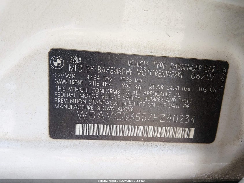 2007 BMW 3 series VIN WBAVC53557FZ80234 IAAI salvage auction — FRONT END, Salvage (California), sold $25 on 2026-07-29 (photo 9)