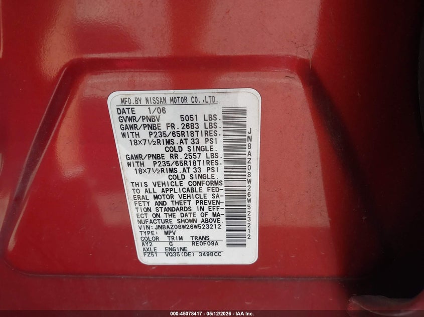 2006 Nissan Murano VIN JN8AZ08W26W523212 IAAI salvage auction — FRONT END, Salvage (North Carolina), sold $375 on 2026-07-22 (photo 9)