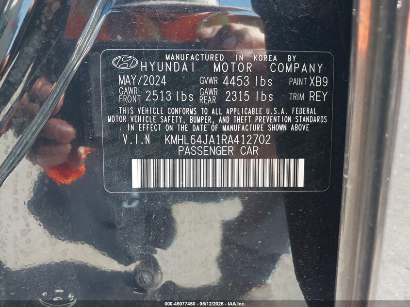 2024 Hyundai Sonata VIN KMHL64JA1RA412702 IAAI salvage auction — RIGHT FRONT, Original (Texas), sold $9,000 on 2026-07-30 (photo 9)