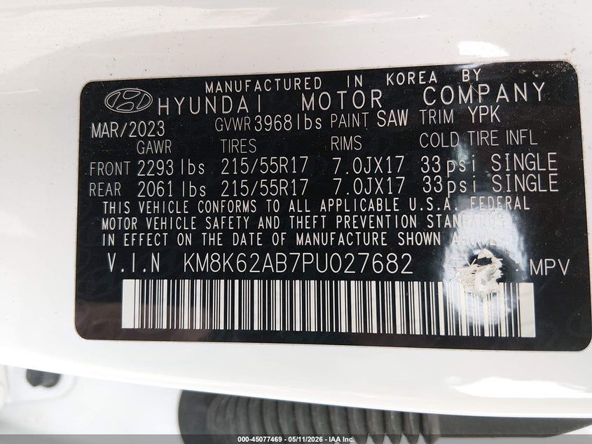 2023 Hyundai Kona VIN KM8K62AB7PU027682 IAAI salvage auction — FRONT END, Salvage (West Virginia), sold $2,600 on 2026-07-09 (photo 9)