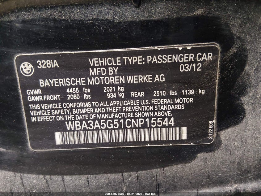 2012 BMW VIN WBA3A5G51CNP15544 IAAI salvage auction — FRONT END, Salvage (Tennessee), sold $325 on 2026-08-20 (photo 9)