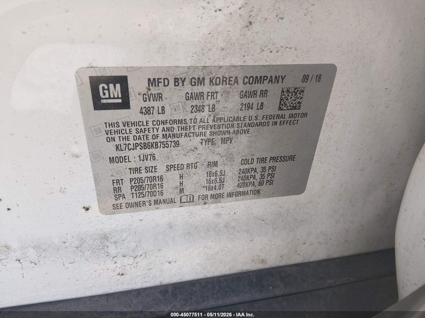 2019 Chevrolet Trax VIN KL7CJPSB6KB755739 IAAI salvage auction — FRONT END, Salvage (Kentucky), sold $775 on 2026-07-20 (photo 9)