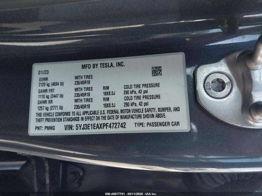 2023 Tesla Model 3 VIN 5YJ3E1EAXPF472742 IAAI salvage auction — SIDE, Salvage (Georgia), sold $7,625 on 2026-07-09 (photo 9)