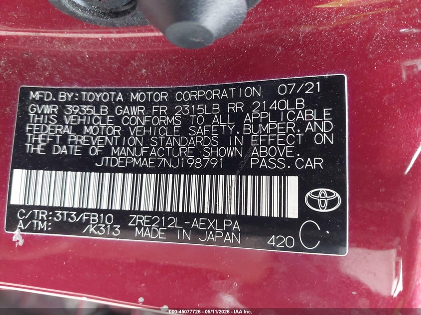 2022 Toyota Corolla VIN JTDEPMAE7NJ198791 IAAI salvage auction — FRONT & REAR, Salvage (Rhode Island), sold $6,500 on 2026-07-28 (photo 9)