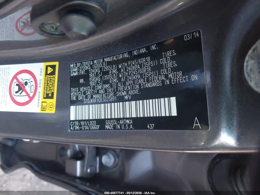 2014 Toyota Highlander VIN 5TDJKRFH2ES025891 IAAI salvage auction — FRONT & REAR, Salvage (Virginia), sold $5,600 on 2026-07-17 (photo 9)