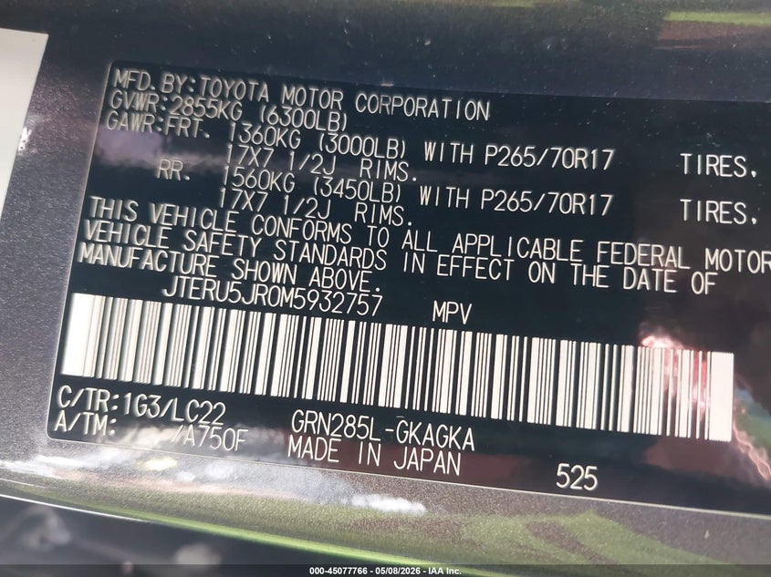 2021 Toyota 4runner VIN JTERU5JR0M5932757 IAAI salvage auction — FRONT END, Salvage (North Carolina), sold $6,750 on 2026-07-23 (photo 9)