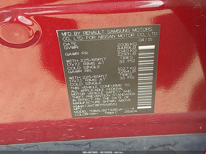 2015 Nissan Rogue VIN KNMAT2MT8FP559551 IAAI salvage auction — RIGHT FRONT, Salvage (California), sold $1,150 on 2026-07-21 (photo 9)