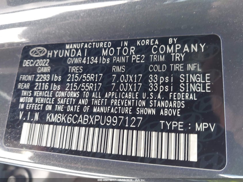 2023 Hyundai Kona VIN KM8K6CABXPU997127 IAAI salvage auction — FRONT END, Salvage (California), sold $4,350 on 2026-07-06 (photo 9)