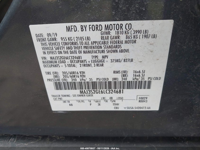2020 Ford Ecosport VIN MAJ3S2GE6LC324681 IAAI salvage auction — FRONT END, Salvage (Ohio), sold $1,450 on 2026-07-14 (photo 9)