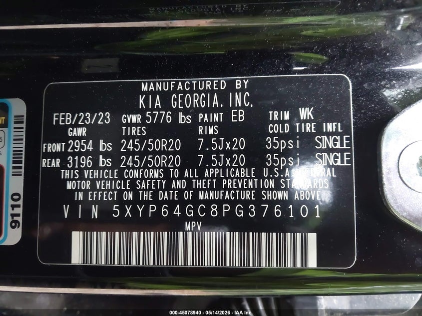 2023 Kia Telluride VIN 5XYP64GC8PG376101 IAAI salvage auction — FRONT END, Salvage (Virginia), sold $375 on 2026-07-28 (photo 9)