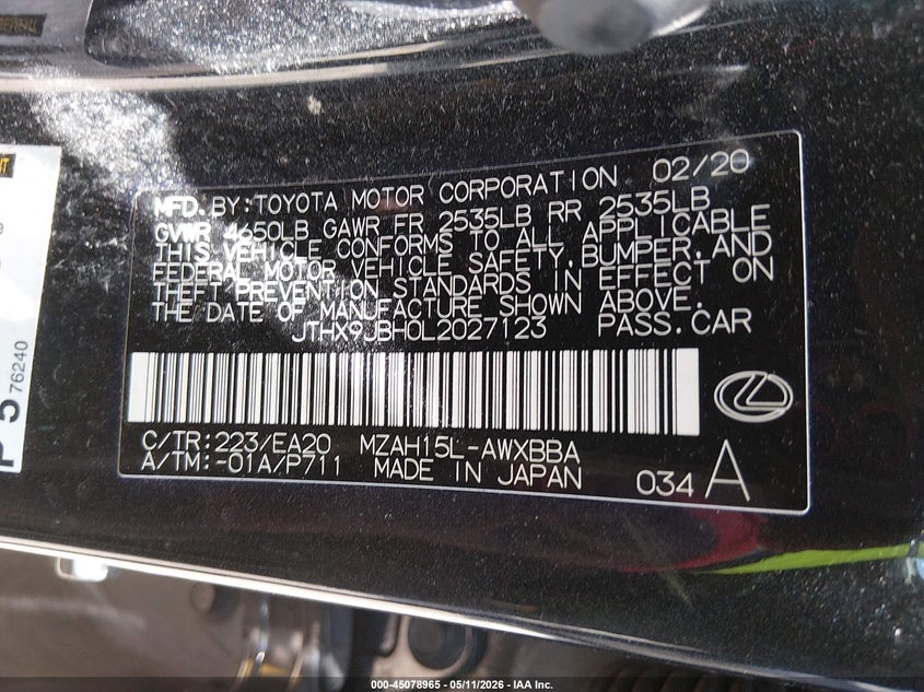 2020 Lexus Ux VIN JTHX9JBH0L2027123 IAAI salvage auction — REAR END, Salvage (Kentucky), sold $10,650 on 2026-07-20 (photo 9)