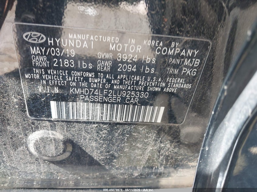 2020 Hyundai Elantra VIN KMHD74LF2LU925330 IAAI salvage auction — FRONT & REAR, Clear (Oklahoma), sold $1,850 on 2026-07-08 (photo 9)
