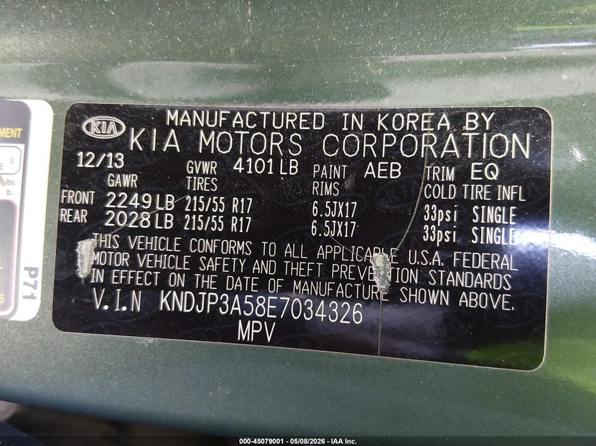 2014 Kia Soul VIN KNDJP3A58E7034326 IAAI salvage auction — MECHANICAL, Salvage (Nevada), sold $25 on 2026-07-24 (photo 9)