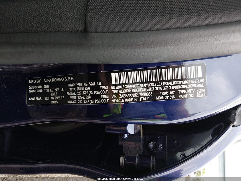 2018 Alfa romeo Stelvio VIN ZASFAKNN2J7B90083 IAAI salvage auction — FRONT END, Salvage (South Carolina), sold $1,650 on 2026-08-18 (photo 9)