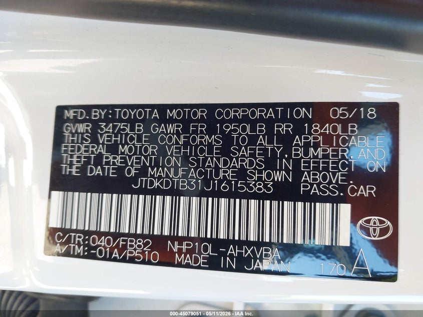 2018 Toyota Prius c VIN JTDKDTB31J1615383 IAAI salvage auction — WATER/FLOOD, Salvage (Illinois), sold $5,500 on 2026-07-24 (photo 9)